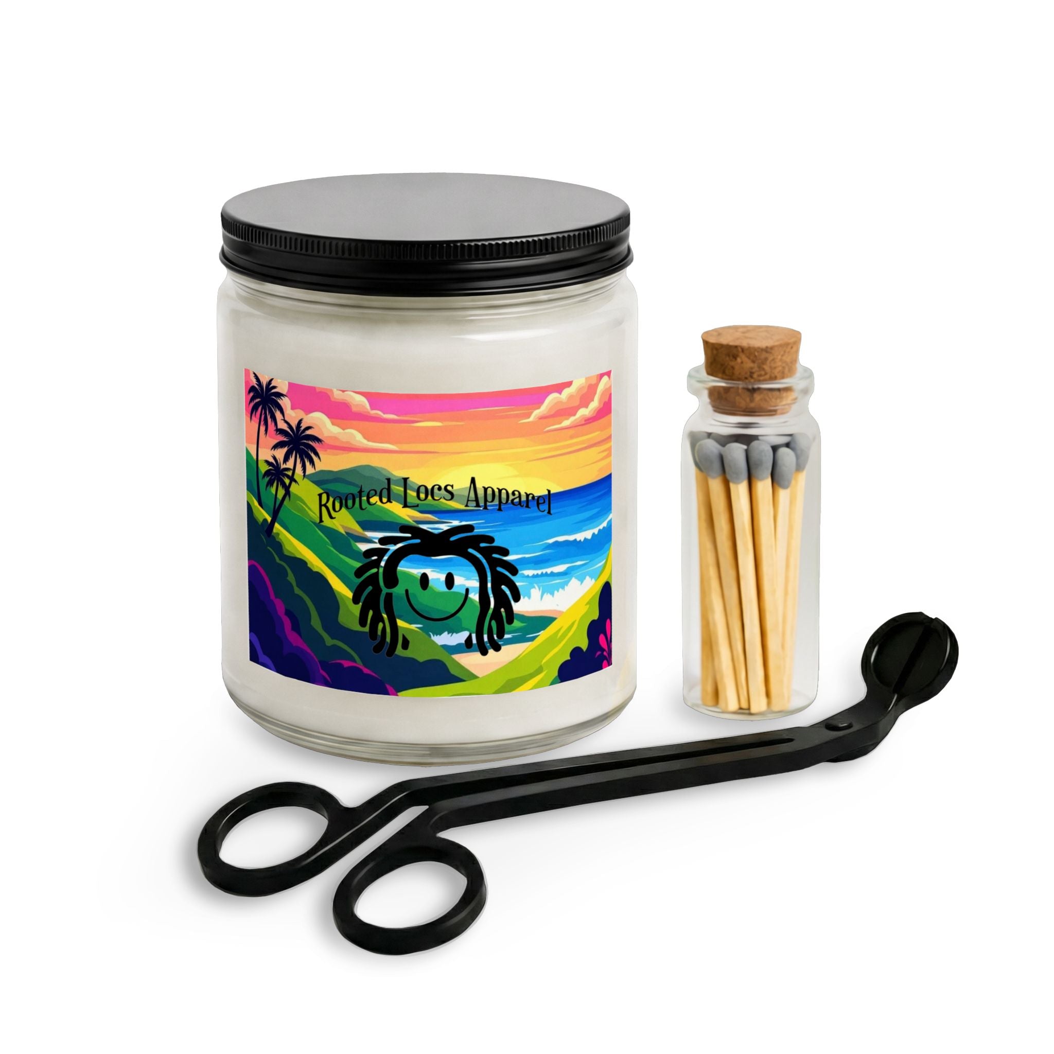 Scented Candle Gift Set with Matches & Wick Trimmer — Tropical Sunset Dreadlock Logo